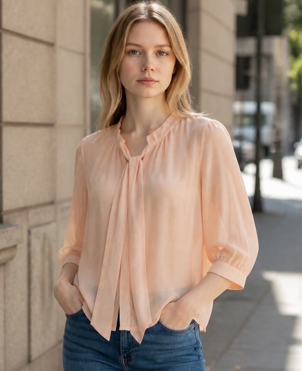 MODCLOTH Blouse Pink Blush Silky Tie Neck Retro Office Top Size Large EUC 3777/9